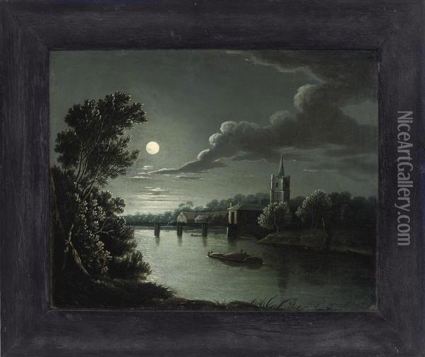A Moonlit River Landscape With Figures On A Boat, A Church Beyond Oil Painting - Sebastian Pether