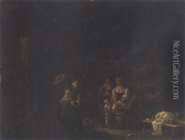 A Barn Interior With Peasants Washing Clothes Oil Painting - Pehr Hillestroem