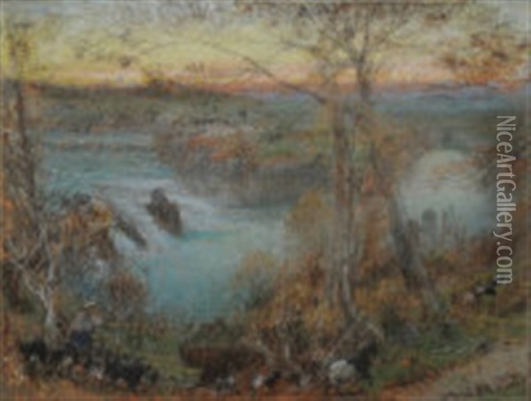 The Rhine Falls, Schaffhausen, A Goatherd In The Foreground Oil Painting - Albert Goodwin