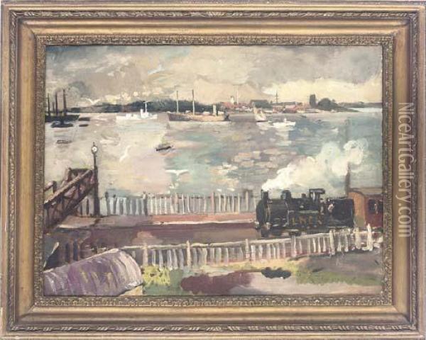 A Steam Train Pulling Into Folkestone Station Oil Painting - Allan Walton