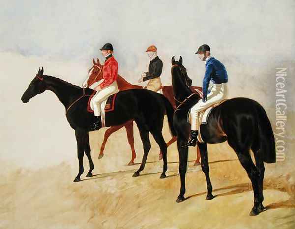 Study of Three Steeplechase Cracks: Allen McDonough on Brunette, Tom Oliver on Discount and Jem Mason on Lottery, or Three Racehorses with Jockeys Up Oil Painting - John Frederick Herring Snr