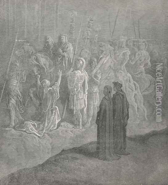 A widow at his bridle stood, attir'd (Canto X, line 74) Oil Painting - Gustave Dore