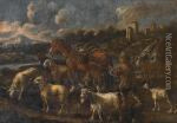 A Shepherd With A Laden Horse, 
Sheep And Goats In A Landscape; And A Shepherd Resting Beside A Bull, 
Sheep And Goats In A Landscape Oil Painting - Philipp Peter Roos
