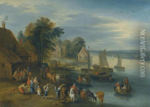 A River Landscape With Villagers Unloading Their Boats Oil Painting - Theobald Michau