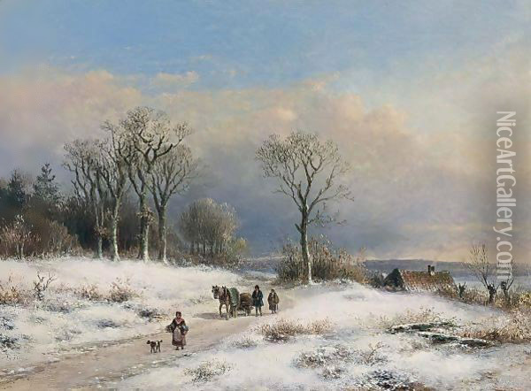 Peasants In A Winter Landscape Oil Painting - Lodewijk Johannes Kleijn