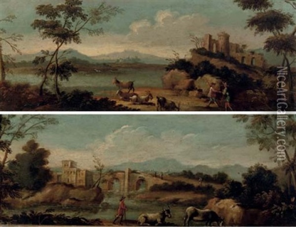 An Italianate River Landscape With A Herdsman Tending Cows And Travellers On A Track (+ An Italianate River Landscape With Peasants Tending Their Flock; 2 Works) Oil Painting - Giovanni Battista Cimaroli