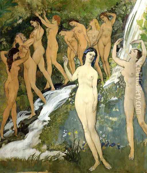 Ten Nudes by a Waterfall Oil Painting - Arthur Bowen Davies
