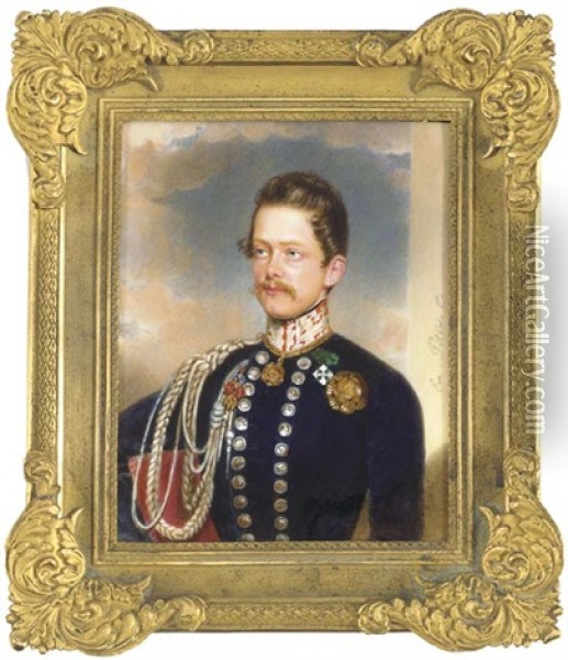 Vittorio Emanuele Ii, When Duke Of Savoy, Later 1st King Of Italy, With His Right Arm Resting On A Pink Upholstered Chair, In Blue Coat With Silver-oak Leaf Embroidered Red Collar, Silver Lacing Oil Painting - Emanuel Thomas Peter