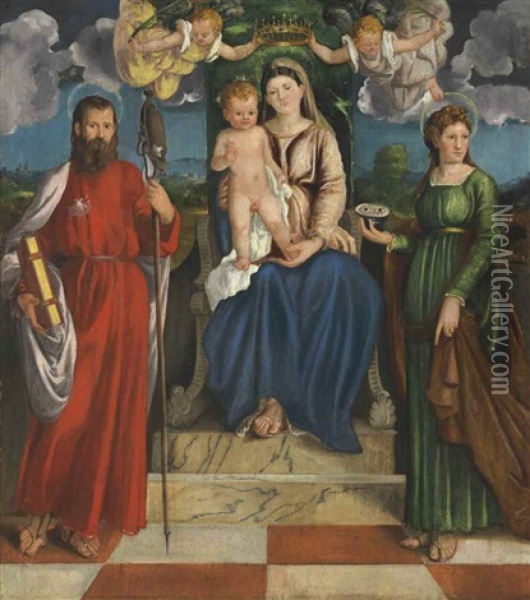 The Madonna And Child With Saint James And Saint Lucy Oil Painting - Girolamo Dente