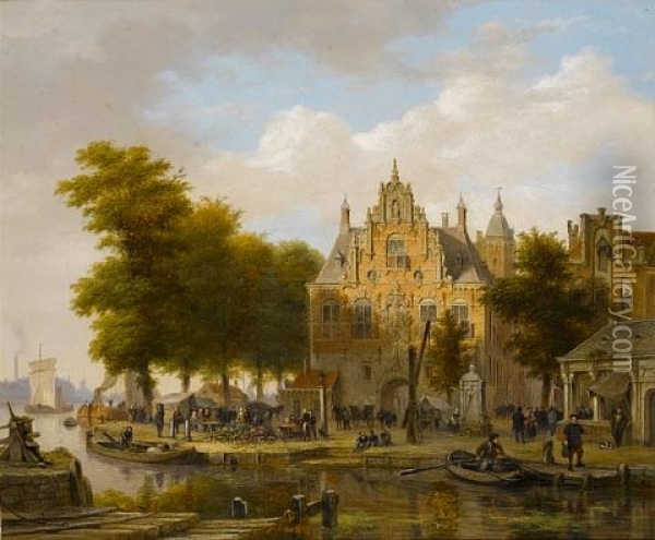 A Market Scene In Front Of A Town Hall Oil Painting - Bartholomeus Johannes Van Hove