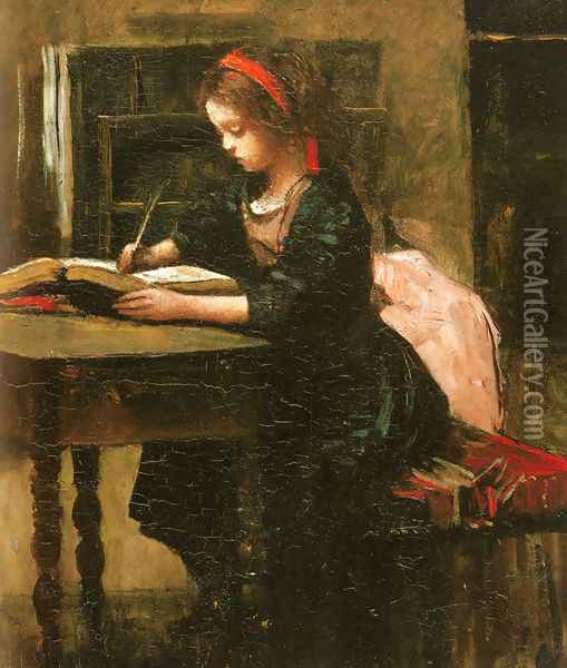 Fillette a l'etude, en train d'ecrire Oil Painting - Jean-Baptiste-Camille Corot