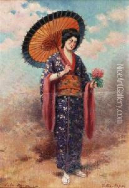 Femme Japonaise A L'ombrelle Oil Painting - Jules Monge