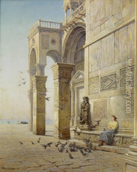 Bei Den Pilastri Acritani Vor Dem Markusdom In Venedig Oil Painting - Jean-Baptiste-Arthur Calame