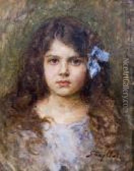 Ritratto Di Bambina Con Fiocco Azzurro Nei Capelli Oil Painting - Carlo Stragliati