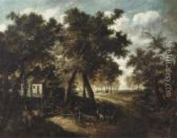 A Wooded Landscape With Travellers Approaching A Watermill Oil Painting - Meindert Hobbema