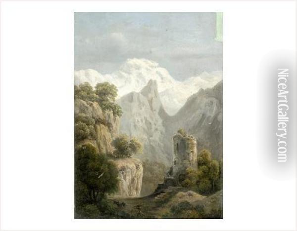Tour En Ruine, Cheval Et Paysan Dans La Montagne Oil Painting - Xavier De Maistre