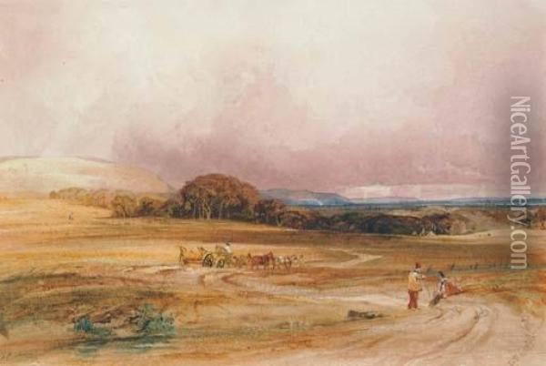 An Extensive Landscape With A Hay-cart And Figures In The Foreground Oil Painting - Anthony Vandyke Copley Fielding