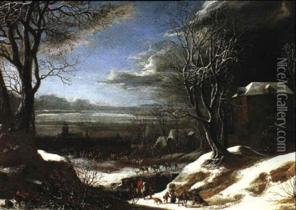 An Extensive Winter Landscape With Travellers In The        Foreground And A Town Beyond Oil Painting - Daniel van Heil