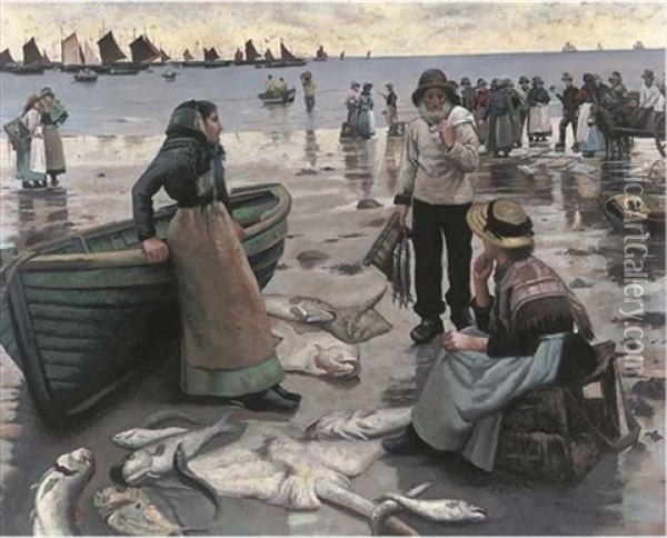 A Fish Sale On A Cornish Coast (after Stanhope Alexander Forbes) Oil Painting - George Sherwood Hunter