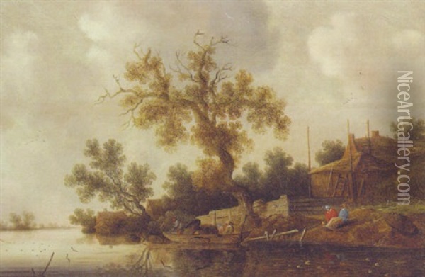 A River Landscape With Peasants In A Punt By A Cottage Oil Painting - Salomon van Ruysdael