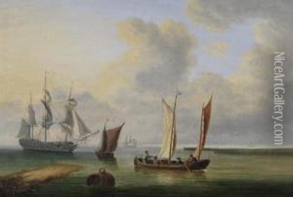Dutch Fishing Boats And A Three-master Off The Coast Oil Painting - Charles Martin Powell