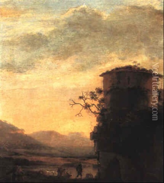 Italienisierende Landschaft Mit Rundturm Und Hirten Oil Painting - Jan Asselijn