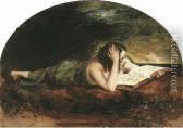Reclining Girl Reading A Book, The Sea Beyond Oil Painting - William Etty