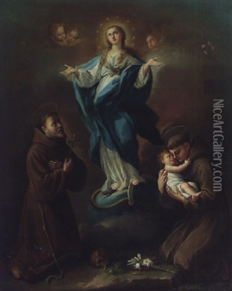 The Immaculate Conception With Saints Francis And Anthony Of Padua Oil Painting - Zacarias Gonzalez Velazquez