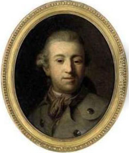 Portrait Of A Gentleman, Bust-length, In A Grey Coat And Brownscarf Oil Painting - Alexander Roslin