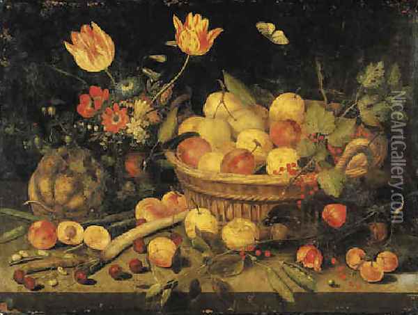 Plums and redcurrants in a basket, tulips, poppies and other flowers in a vase, with a gourd, peas, a parsnip and other fruit on a stone ledge 1632 Oil Painting - Peter Paul Binoit
