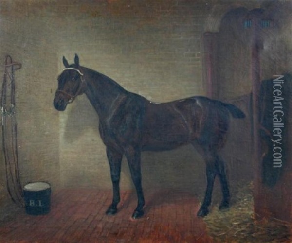 A Dark Bay Hunter In A Stable Oil Painting - Edwin (of Bath) Loder
