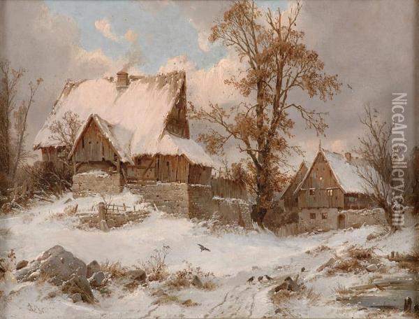 Dorfansicht Im Winter. Oil Painting - Carl Julius Leypold