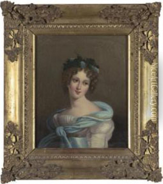 Portrait Of A Young Lady In A White Gown With Blue Sash And Scarf, Her Hair Dressed With Grapes And Vine Leaves Oil Painting - Lam Qua