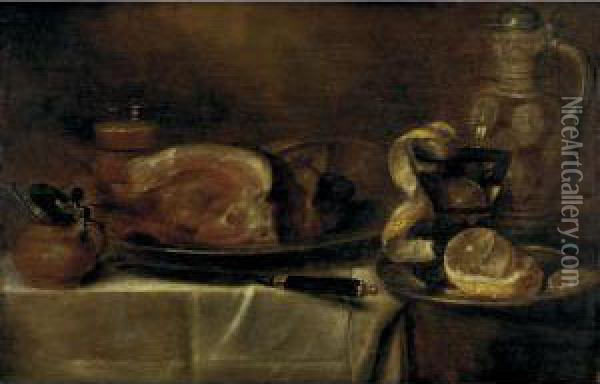 Still Life Of A Ham On A Pewter Plate And Other Objects, All On A Draped Table Oil Painting - Alexander Adriaenssen