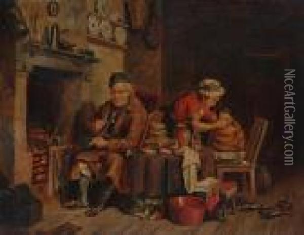 Domestic Life Beside The Fire; The Feathered Visitor. Oil Painting - Frederick Daniel Hardy