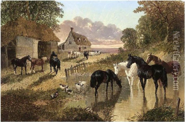 The Evening Hour - Horses And Cattle By A Stream At Sunset Oil Painting - John Frederick Herring Snr