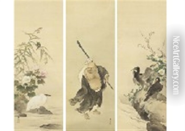 Hotei Spring Autumn Flower Birds(a Set Of 3 Scrolls) Oil Painting - Suzuki Kason