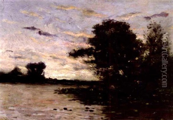 A River Landscape With Boatmen Oil Painting - Charles Francois Daubigny