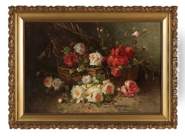Still Life Of Peonies And Wild Roses In A Woven Basket Oil Painting - Max Carlier