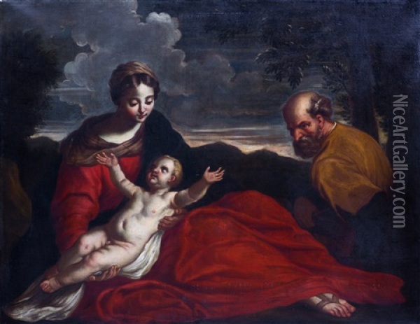 Le Repos De La Sainte Famille Pendant La Fuite En Egypte Oil Painting - Simone Cantarini
