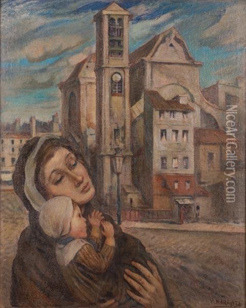 Donna E Bimbo Di Fronte Ad Una Cattedrale Oil Painting - Hector Nava