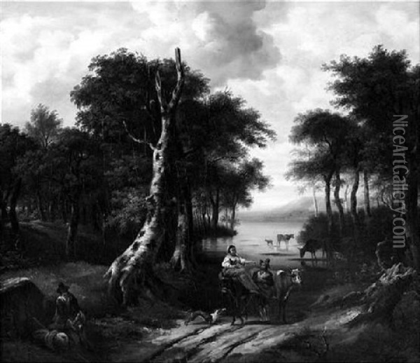Baumbestandene Fluslandschaft. Im Vordergrund Hitrten Mit Ihren Tieren Oil Painting - Frederick Richard Lee