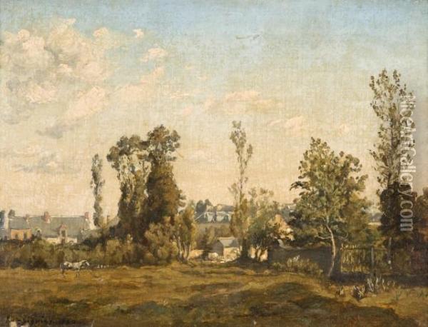 Cheval Gris Dans Un Pre Bordant Un Village Oil Painting - Henri-Joseph Harpignies