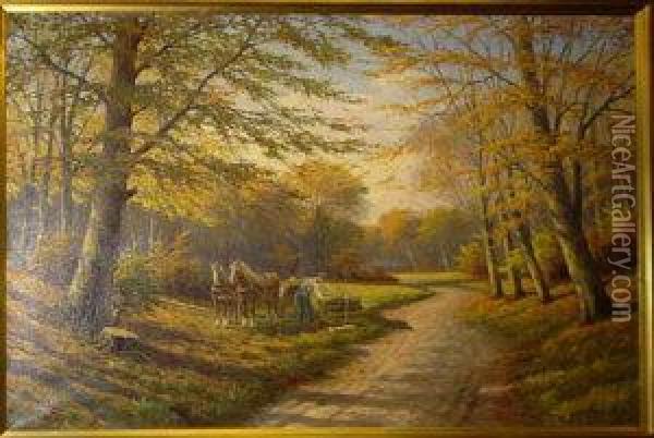 Woodland Scene With A Woodcutter Standing Beside A Pile Of Logs, With A Pair Of Horses And A Cart Behind. Oil Painting - Alfred Dawson