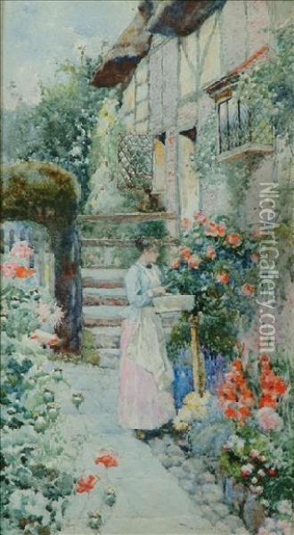 Pruning The Roses Oil Painting - David Woodlock
