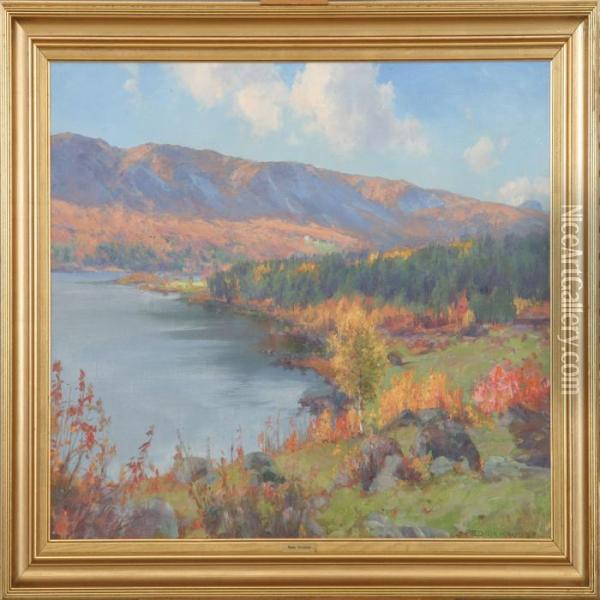 Mountainlandscape A Nice Day At The Fall. Signed Peder Knudsen Oil Painting - Peder Knudsen