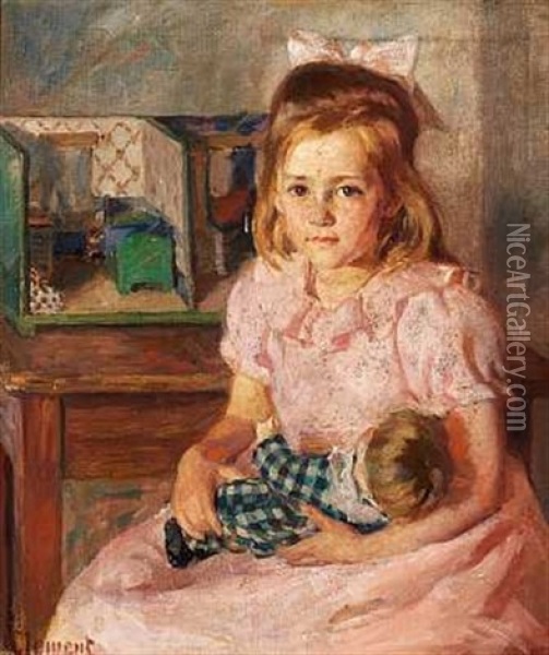 En Lille Pige I Lyserod Kjole Sidder Med Sin Dukke Ved Dukkehuset Oil Painting - Gad Frederik Clement