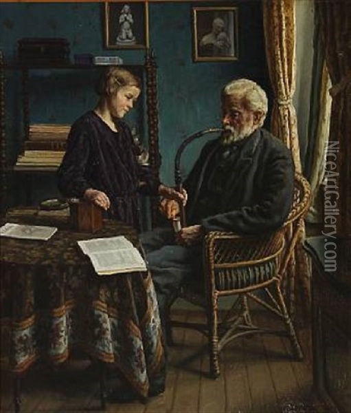 Interior With An Older Man And A Girl Oil Painting - Sophus Vermehren