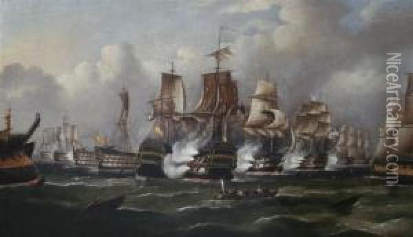 The Battle Of St Vincent, 1797, Showing The Boarding Of The Sannicolas By Sailors From Hms Captain Lead By Horatio Nelson, And Thesubsequent Storm Oil Painting - Richard Barnett Spencer