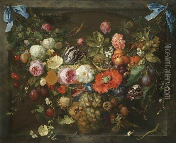 A Festoon Of Fruit And Flowers In A Marble Niche Oil Painting - Jan Davidsz. De Heem